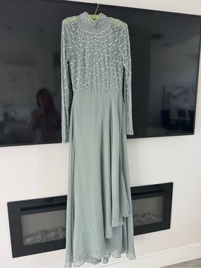 Beaded High-Neck Long Sleeve Maxi Dress in Sage